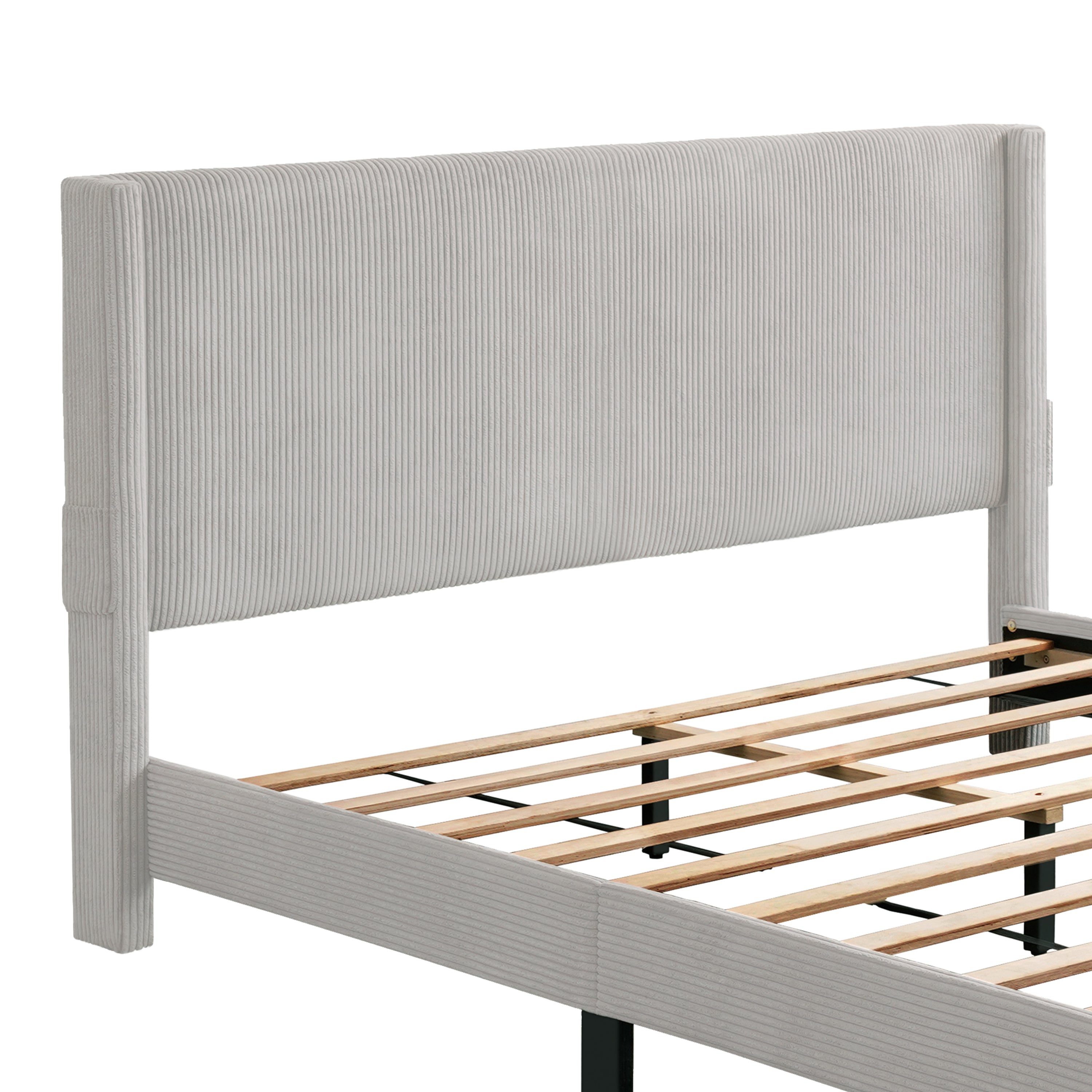 CORDUROY VELVET QUEEN FOOTBOARD DRAWER STORAGE UPHOLSTERED WINGBACK BED NO BOX SPRING REQUIRE GRAY - Atlantic Fine Furniture Melbourne FL
