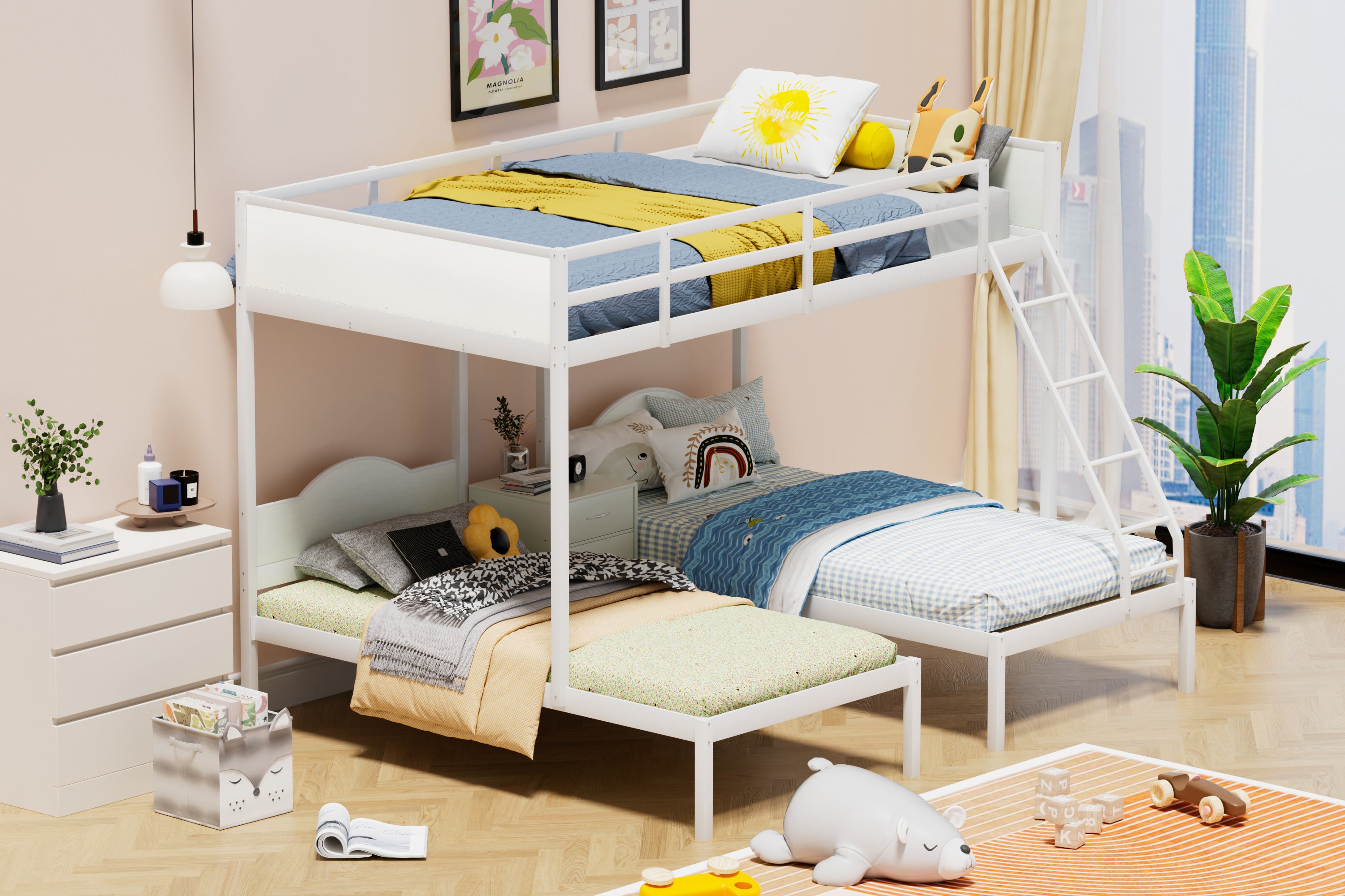 Full Over Twin & Twin Bunk Bed Metal Triple Bed With Nightstand and Guardrails. White, 96.9'' L x 76'' W x 69'' H