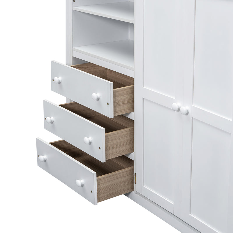 Wood Full Size Loft Bed with Built-in Wardrobe, Desk, Storage Shelves and Drawers, White