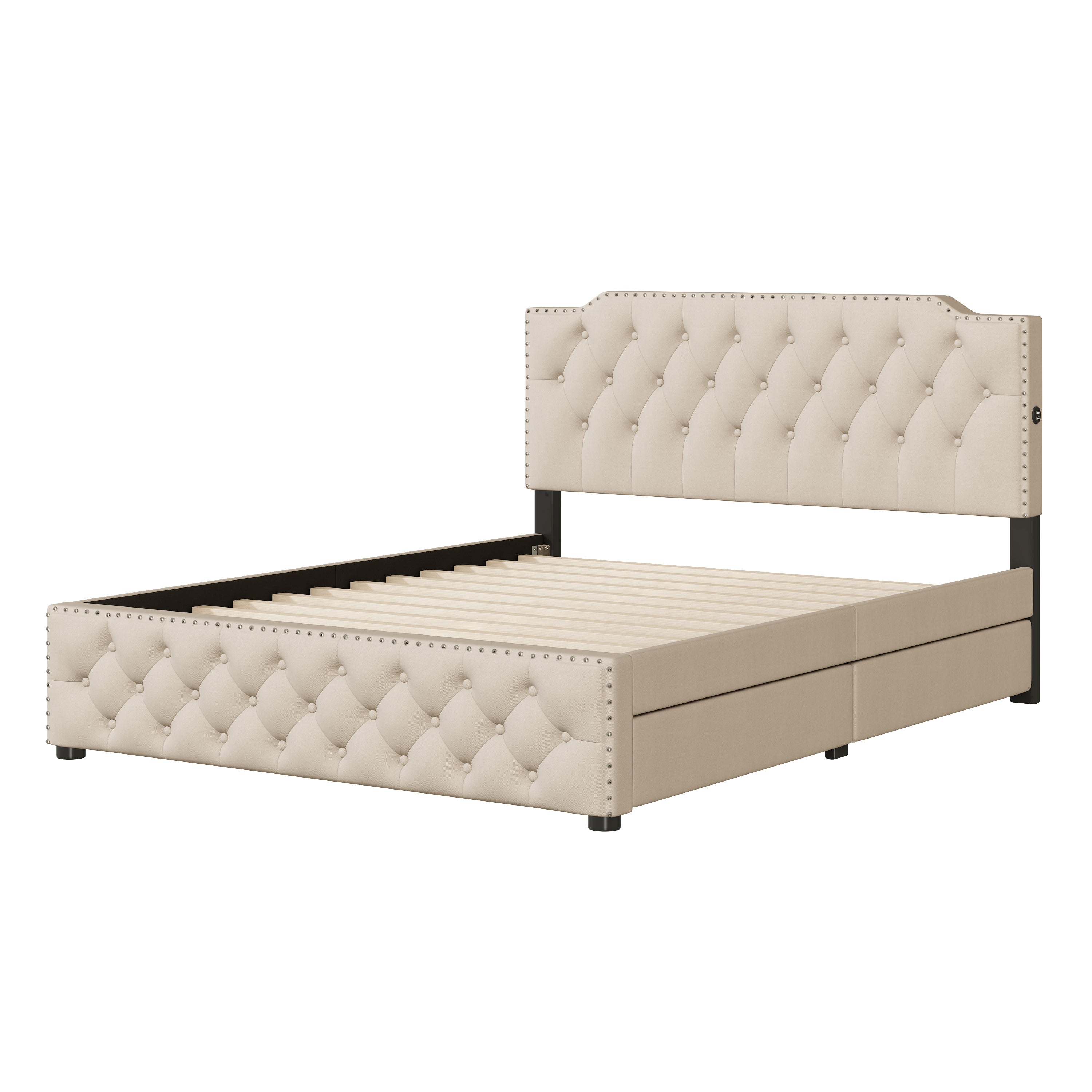 Queen Size Upholstered Platform Bed with 2 Drawers and 2 sets of USB Ports on each side, Linen Fabric, Beige - Atlantic Fine Furniture Melbourne FL