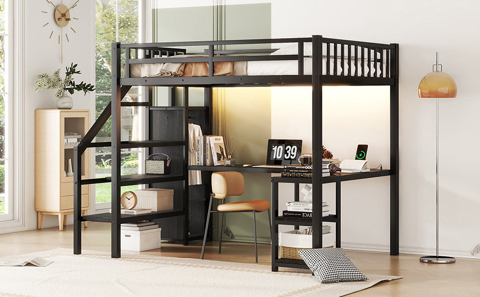 Metal Full Loft Bed with Wardrobe and LED Light, Full Size Loft Bed with L Shaped Desk and USB for Kids Teens Adults, Black (Expect arrival date 2024/5/19)