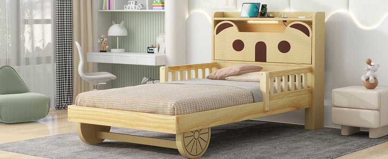 Twin Size Car Bed With Bear-Shaped Headboard, USB And LED , Natural