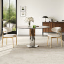 Round Glass Dining Table With Stainless Steel Legs And Chairs