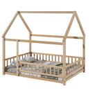 Full Size Floor Wooden Bed with House Roof Frame, Fence Guardrails ,Natural
