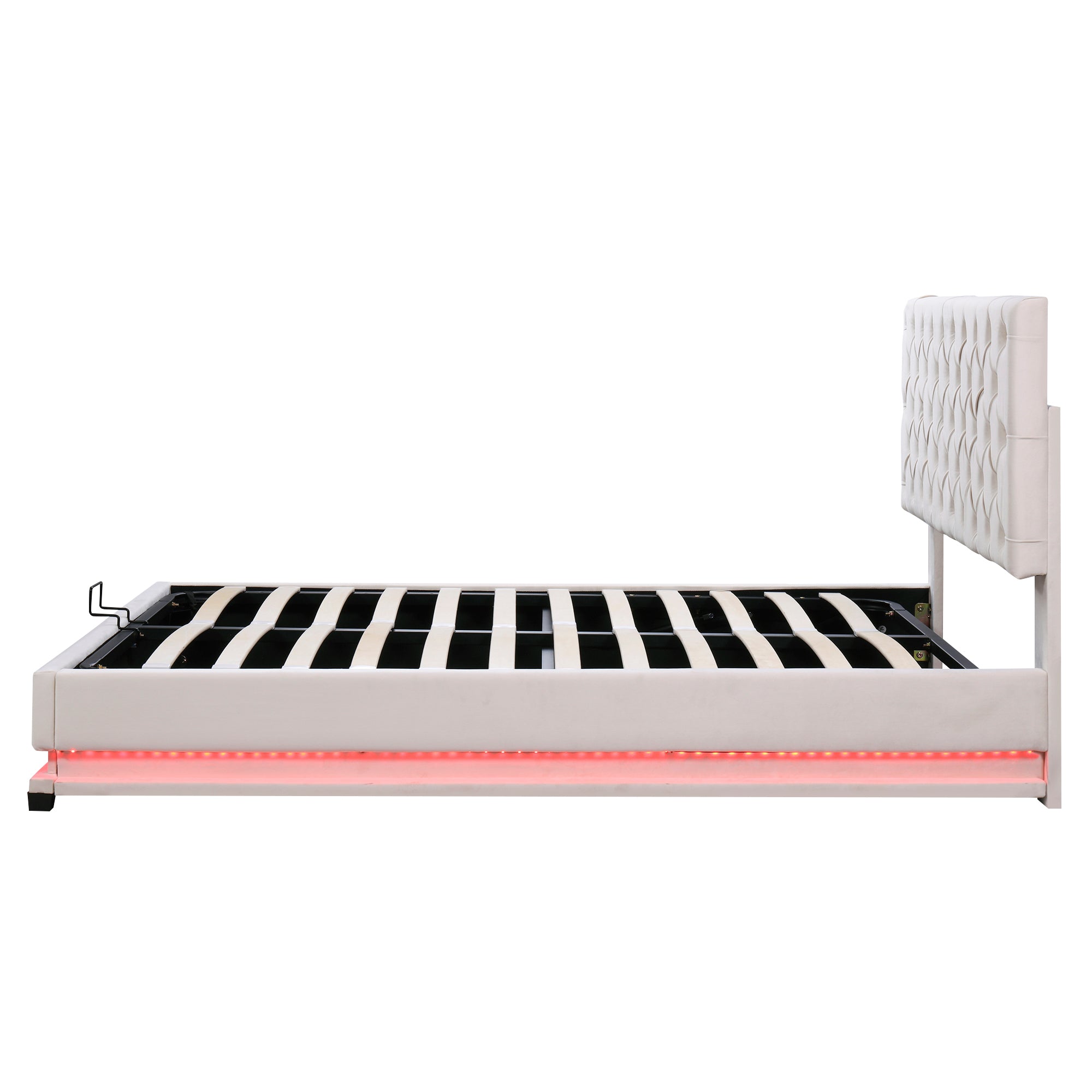 Queen Size Storage Upholstered Platform Bed with Adjustable Tufted Headboard and LED Light, Beige - Atlantic Fine Furniture Melbourne FL