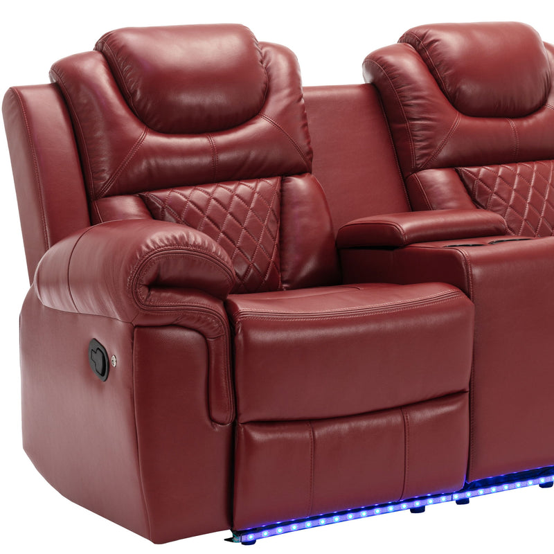 Home Theater Seating Manual Recliner Loveseat With Hide-Away Storage, Cup Holders And Led Light Strip For Living Room