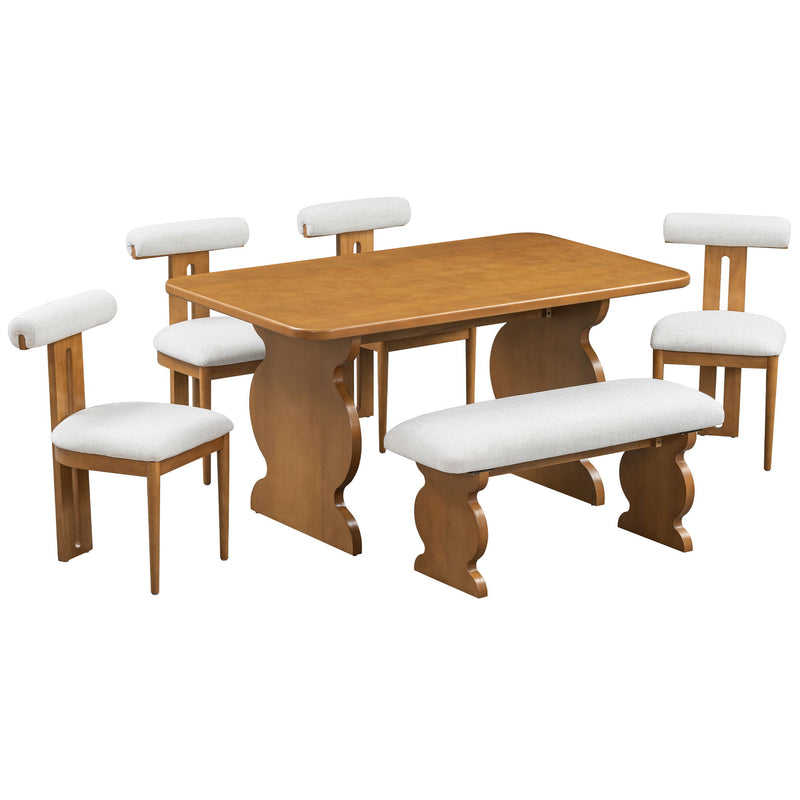 Mid-Century Modern Table Set For 6 Persons With 4 Chairs And Bench, Padded Seats And Backrest
