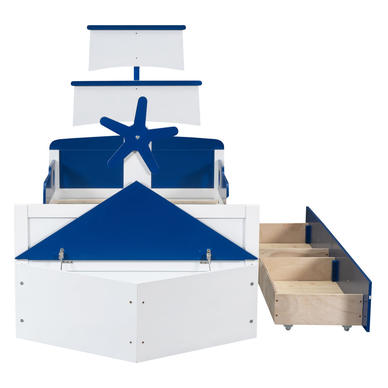 Twin Size Boat-Shaped Platform Bed with 2 Drawers ,Twin Bed with Storage for Bedroom,Blue