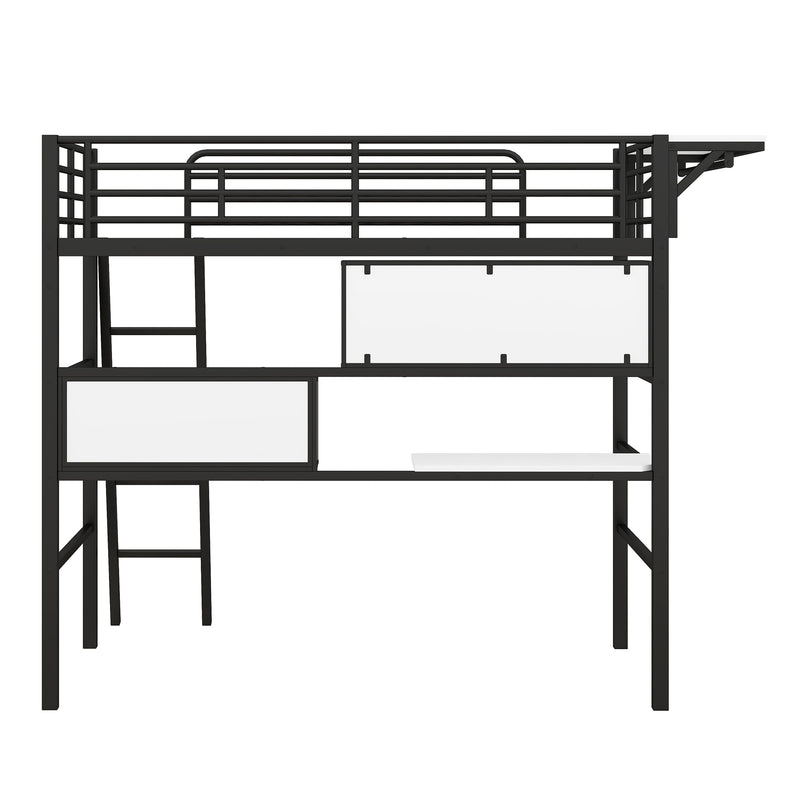 Twin Size Metal Loft Bed with 2 Shelves, a desk and a Hanging Clothes Rack, Black and White