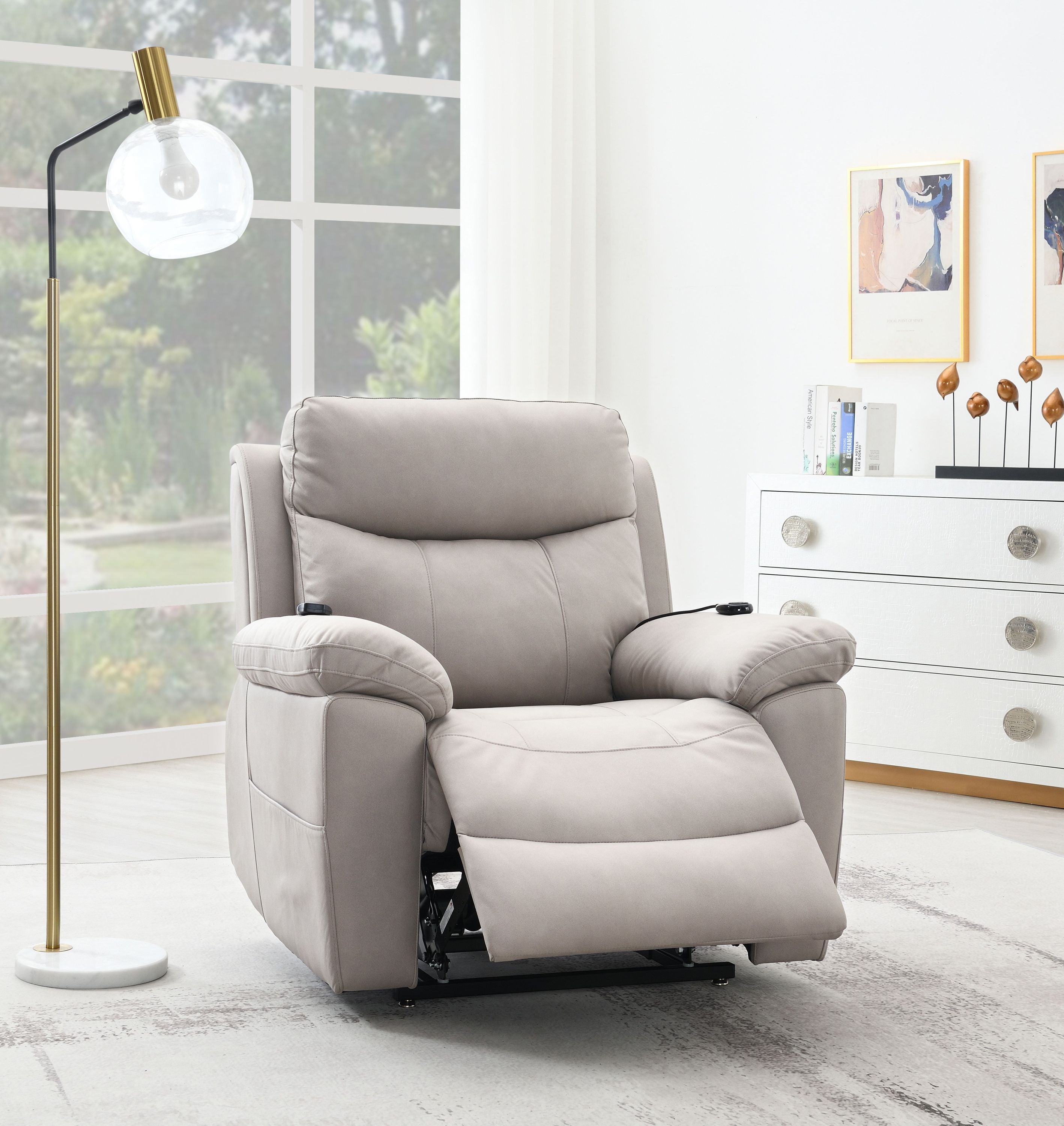Chriki Light Gray Polished Microfiber Power Motion Recliner with Lift, Heating & Massage Chair