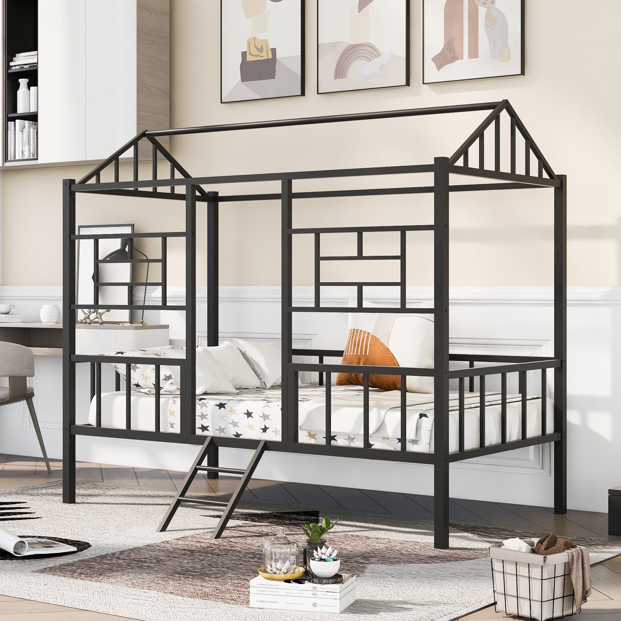 Metal House Bed Frame Twin Size with Slatted Support No Box Spring Needed Black - Atlantic Fine Furniture Melbourne FL
