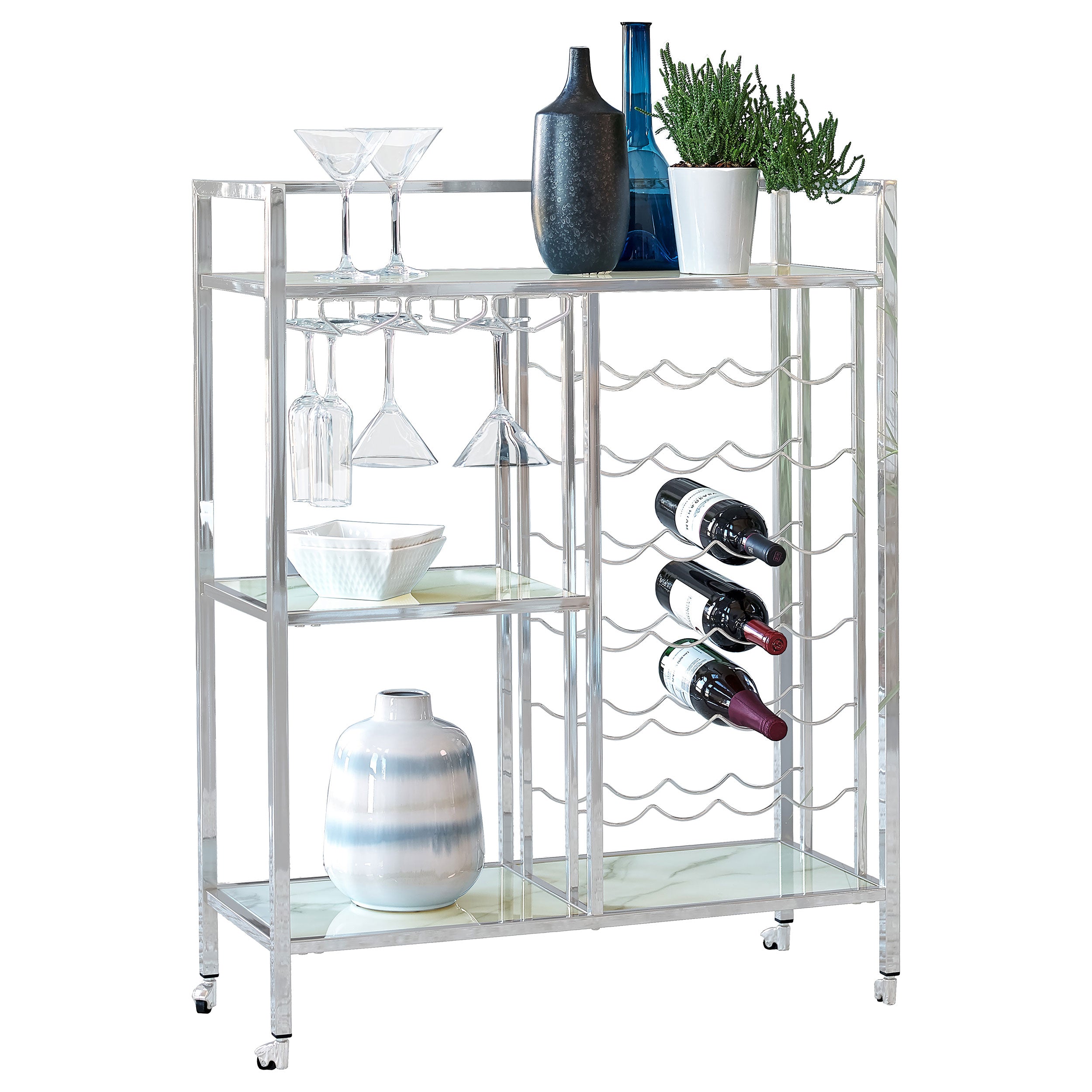 Derion 3-tier Rectangular Glass Shelf Metal Bar Cart Chrome — view 1