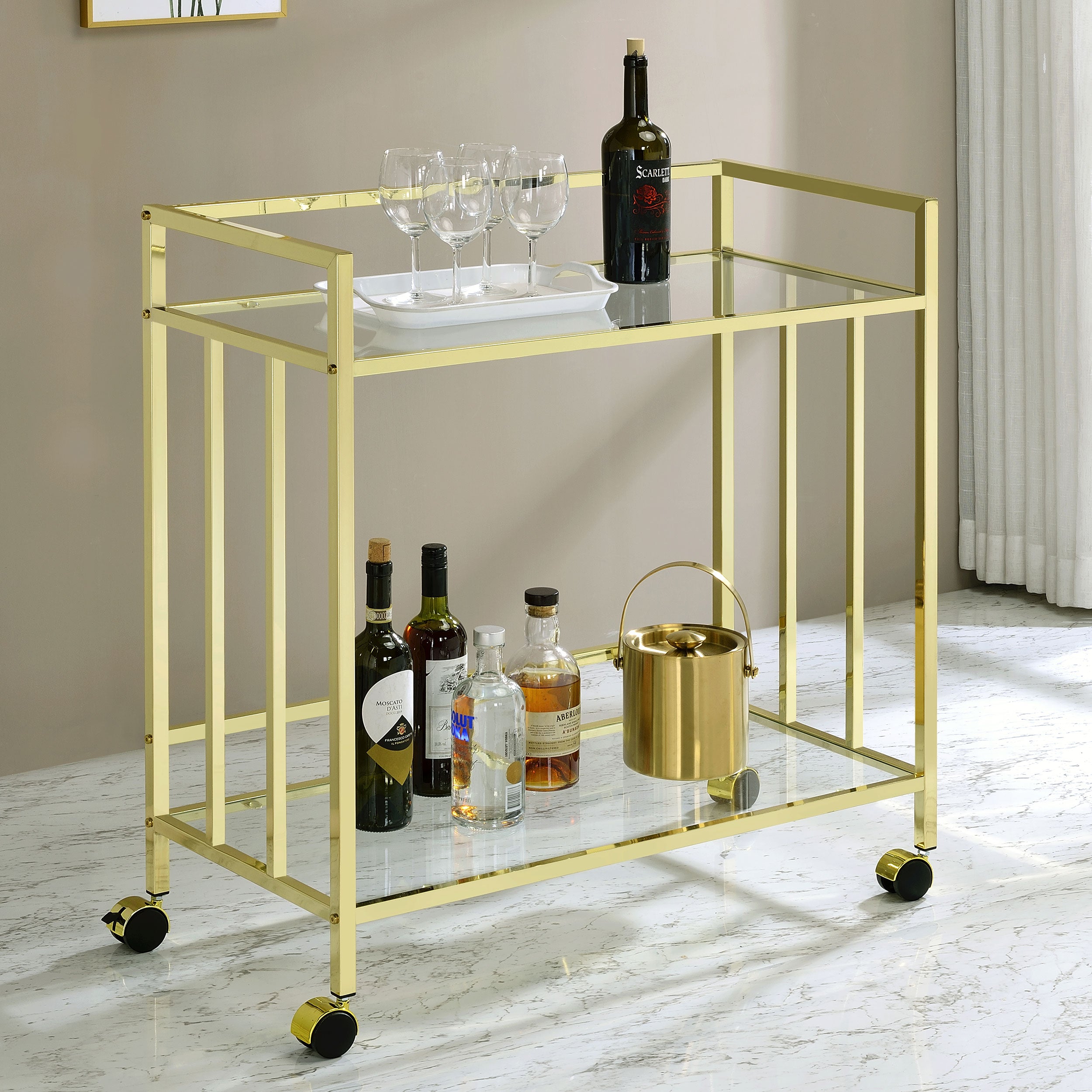 Cara 2-tier Rectangular Glass Shelf Metal Bar Cart Brass — view 2