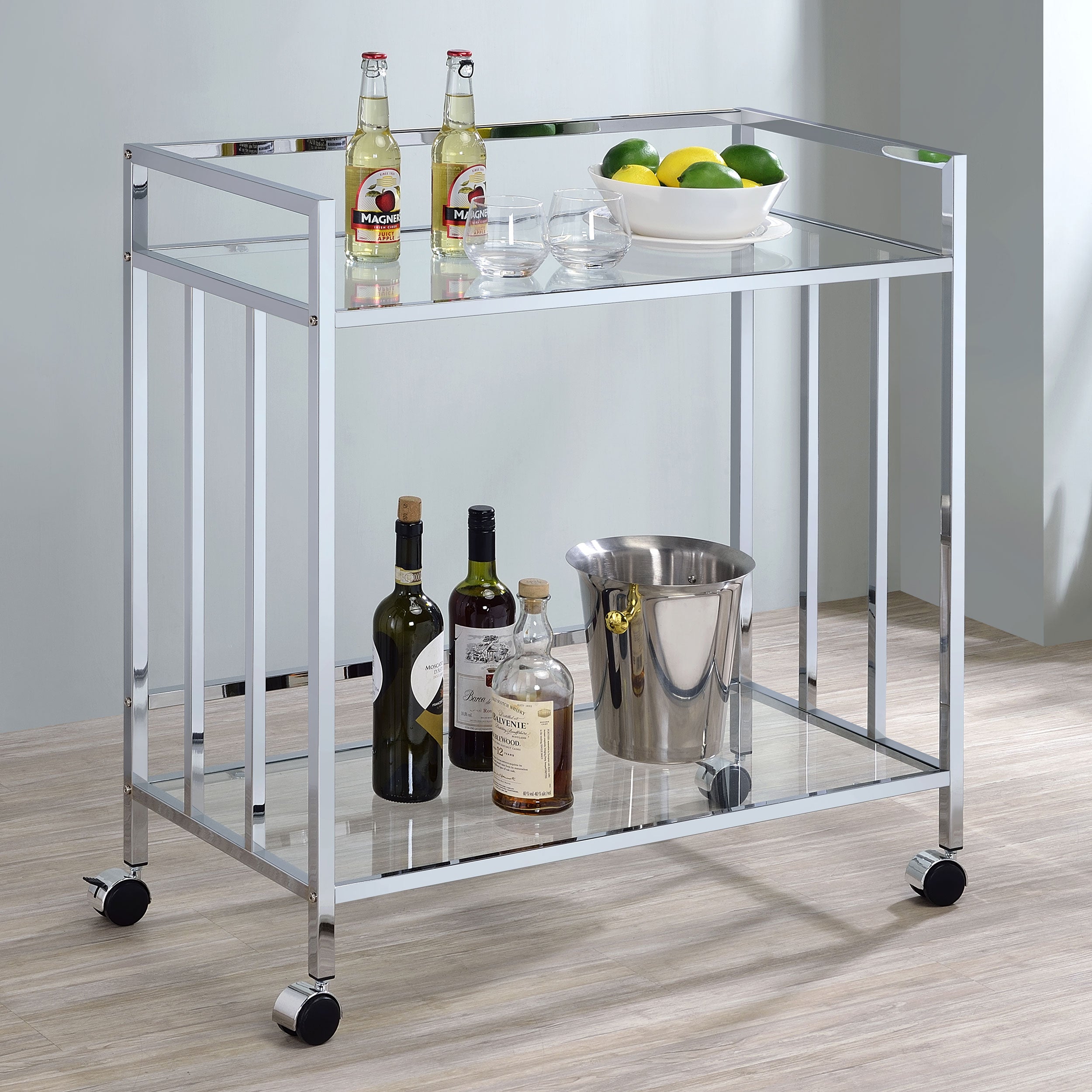 Cara 2-tier Rectangular Glass Shelf Metal Bar Cart Chrome — view 2