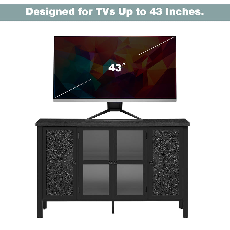 Retro TV Stand With 3 Spacious Cabinets, Glass Cabinet Doors And Anti-Tip Device