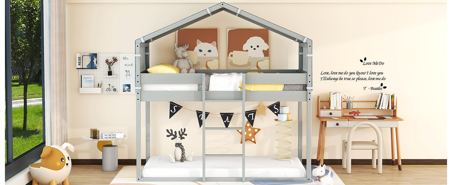 Twin Over Twin Bunk Bed Wood Bed with Tent, Gray - Atlantic Fine Furniture Melbourne FL