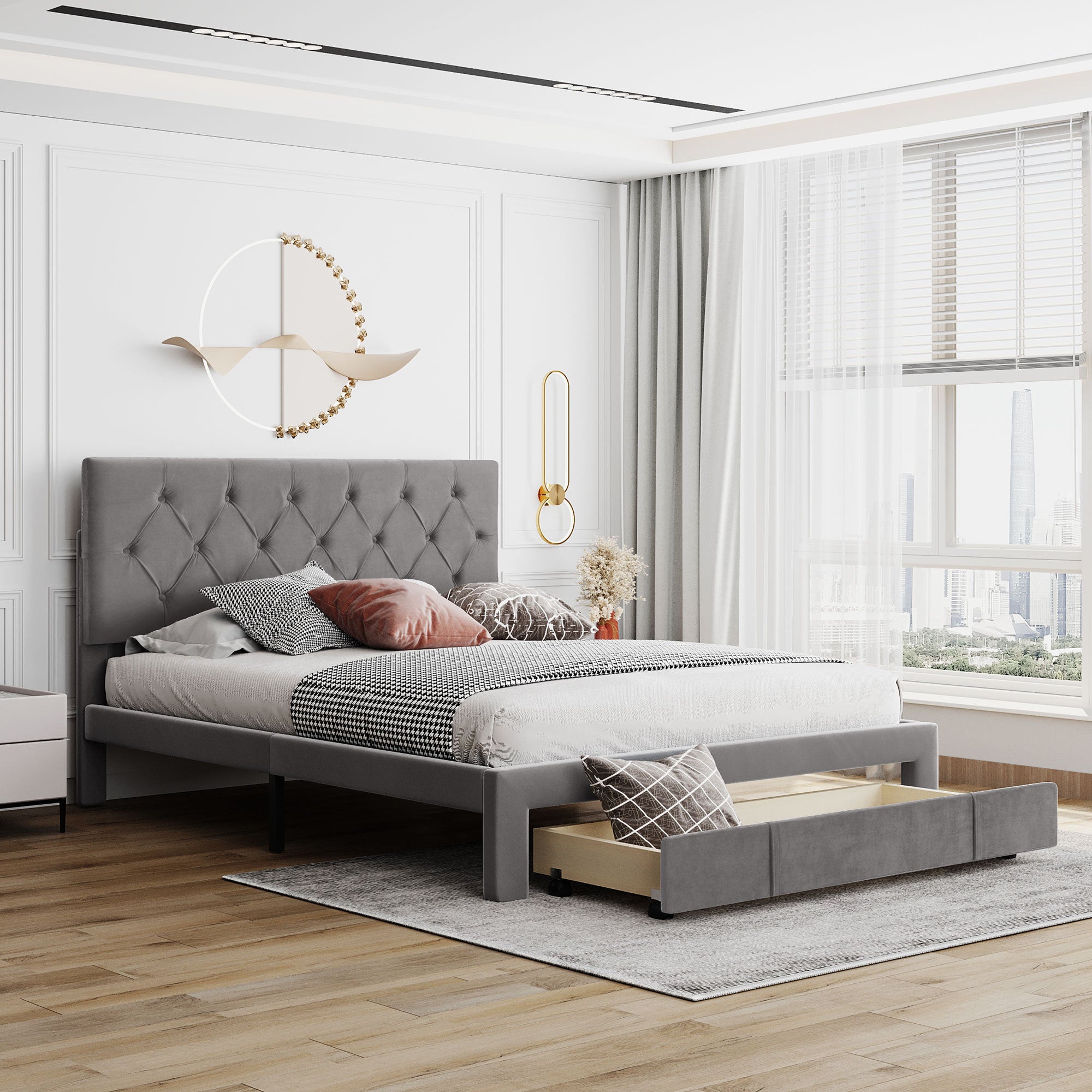 Queen Size Storage Bed Velvet Upholstered Platform Bed with a Big Drawer - Grey - Atlantic Fine Furniture Melbourne FL