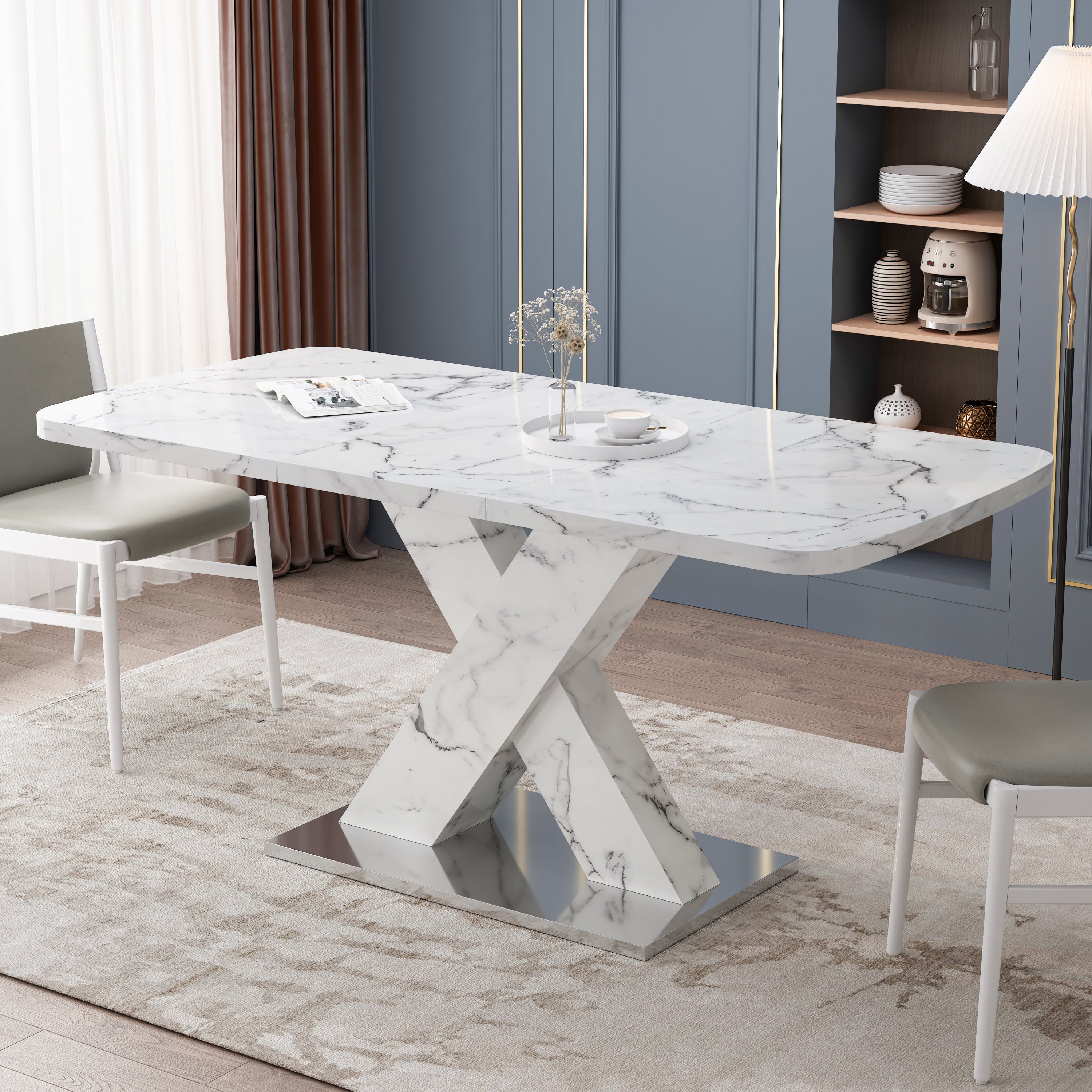 Modern Square Dining Table, Stretchable, with Printed White Marble Table Top+MDF X-Shape Table Leg with Metal Base