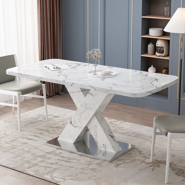 Modern Square Dining Table, Stretchable, with Printed White Marble Table Top+MDF X-Shape Table Leg with Metal Base