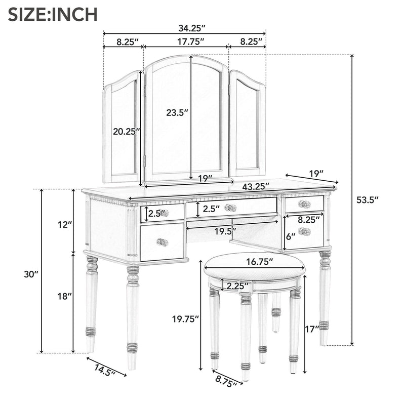 Dressing Table Set With Mirrored Drawers And Stool, Tri-Fold Mirror, Makeup Vanity Set For Bedroom