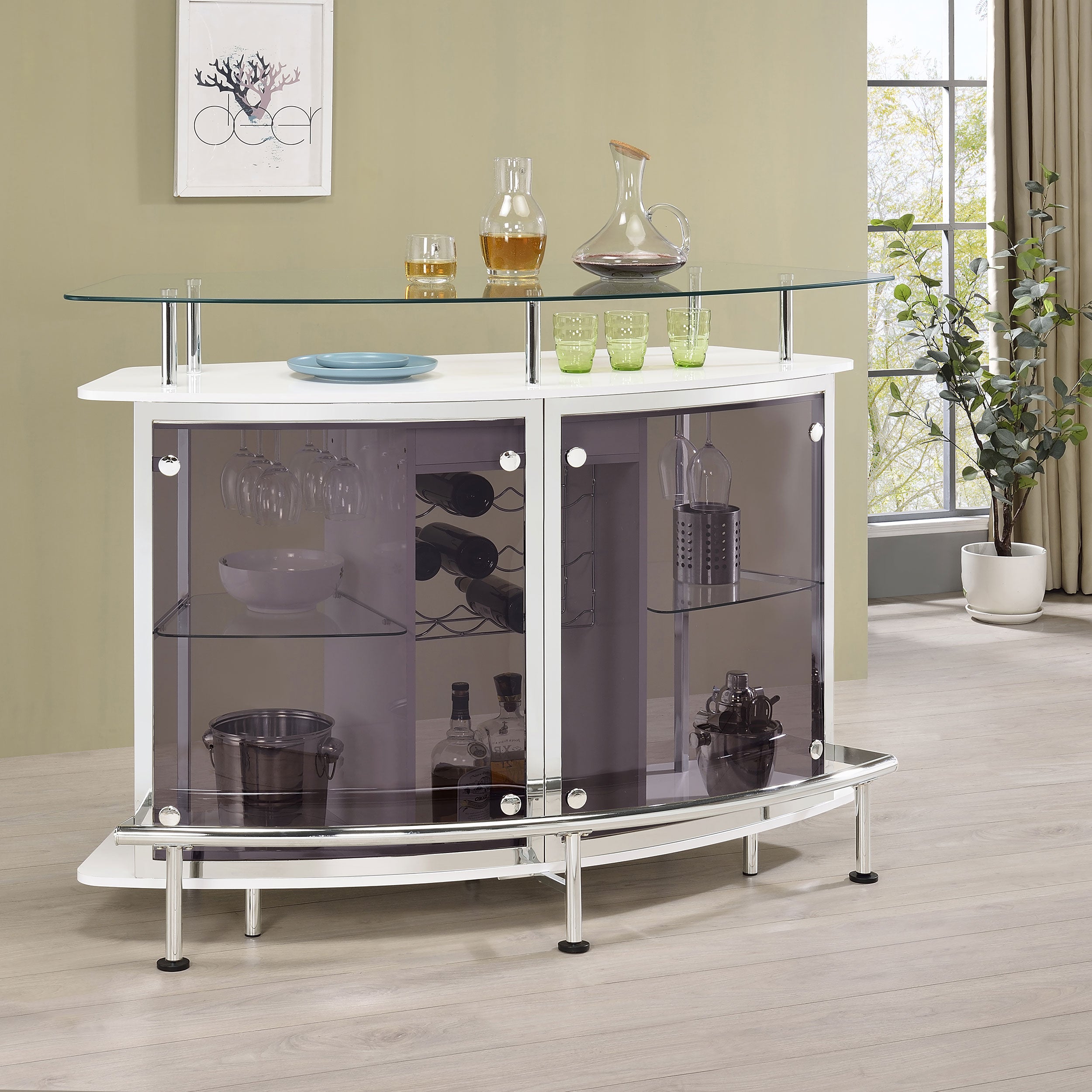Gideon Curved Glass Top Home Bar Cabinet White High Gloss — view 2