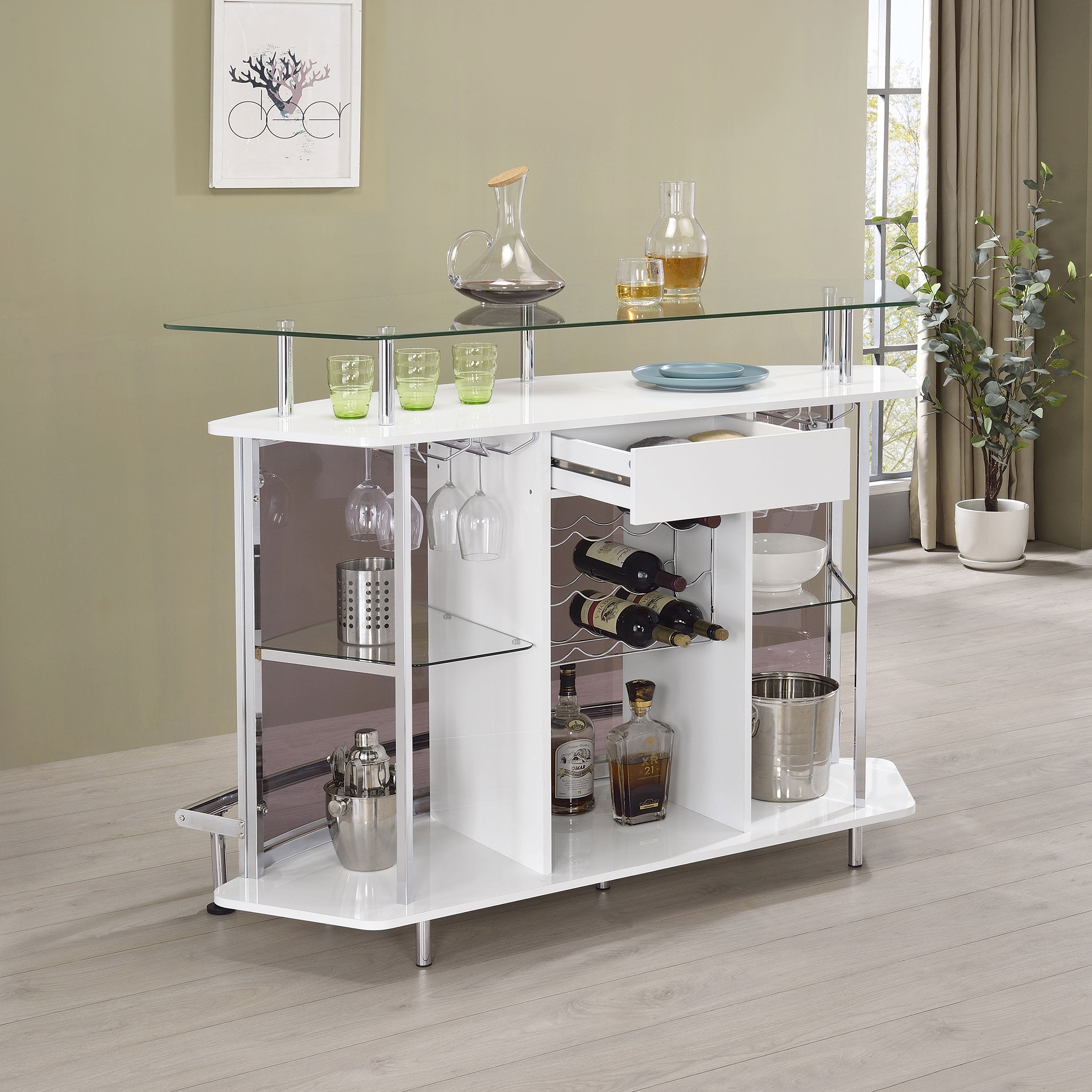 Gideon Curved Glass Top Home Bar Cabinet White High Gloss — view 3
