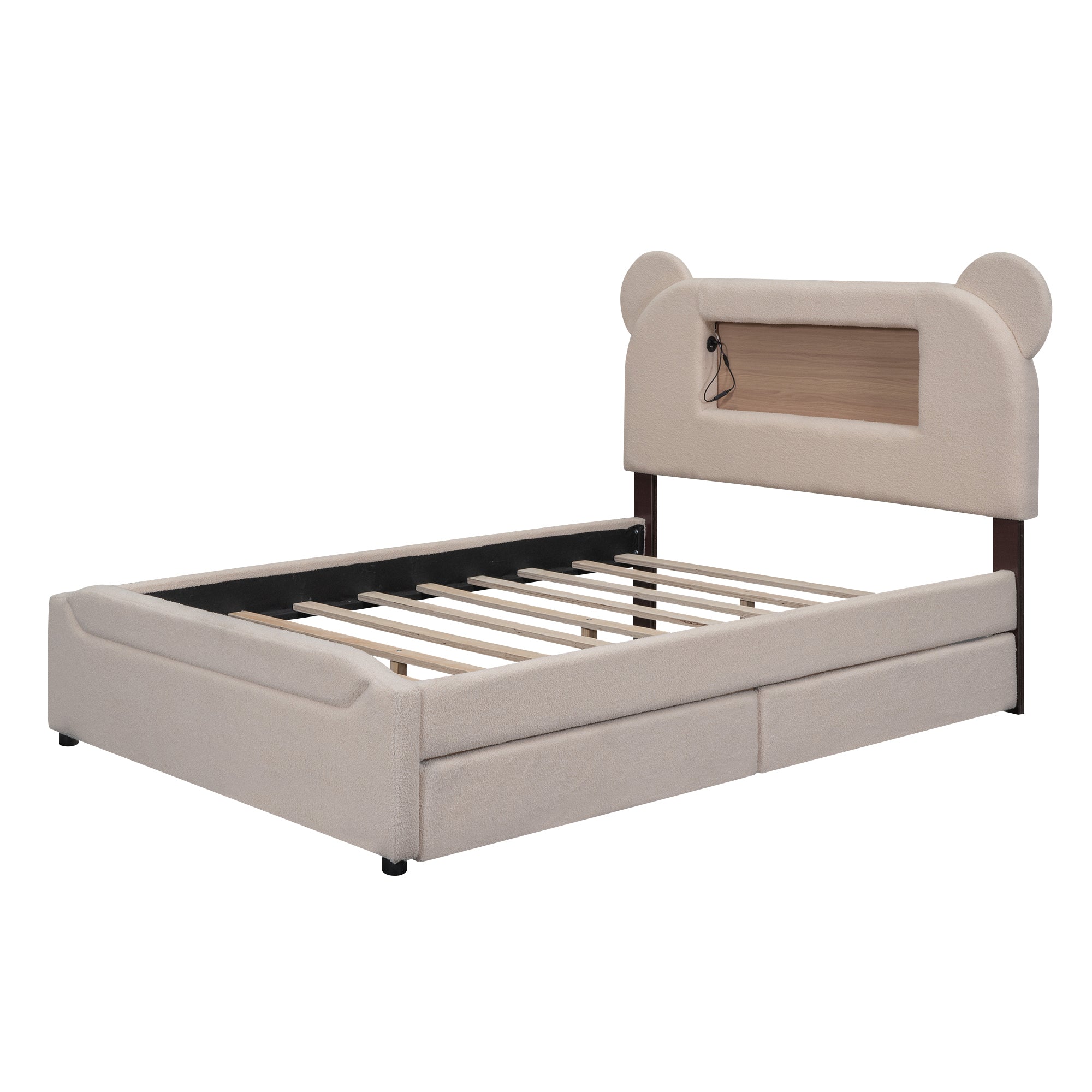 Full Size Upholstered Storage Platform Bed with Cartoon Ears Shaped Headboard, LED and USB, Beige - Atlantic Fine Furniture Melbourne FL