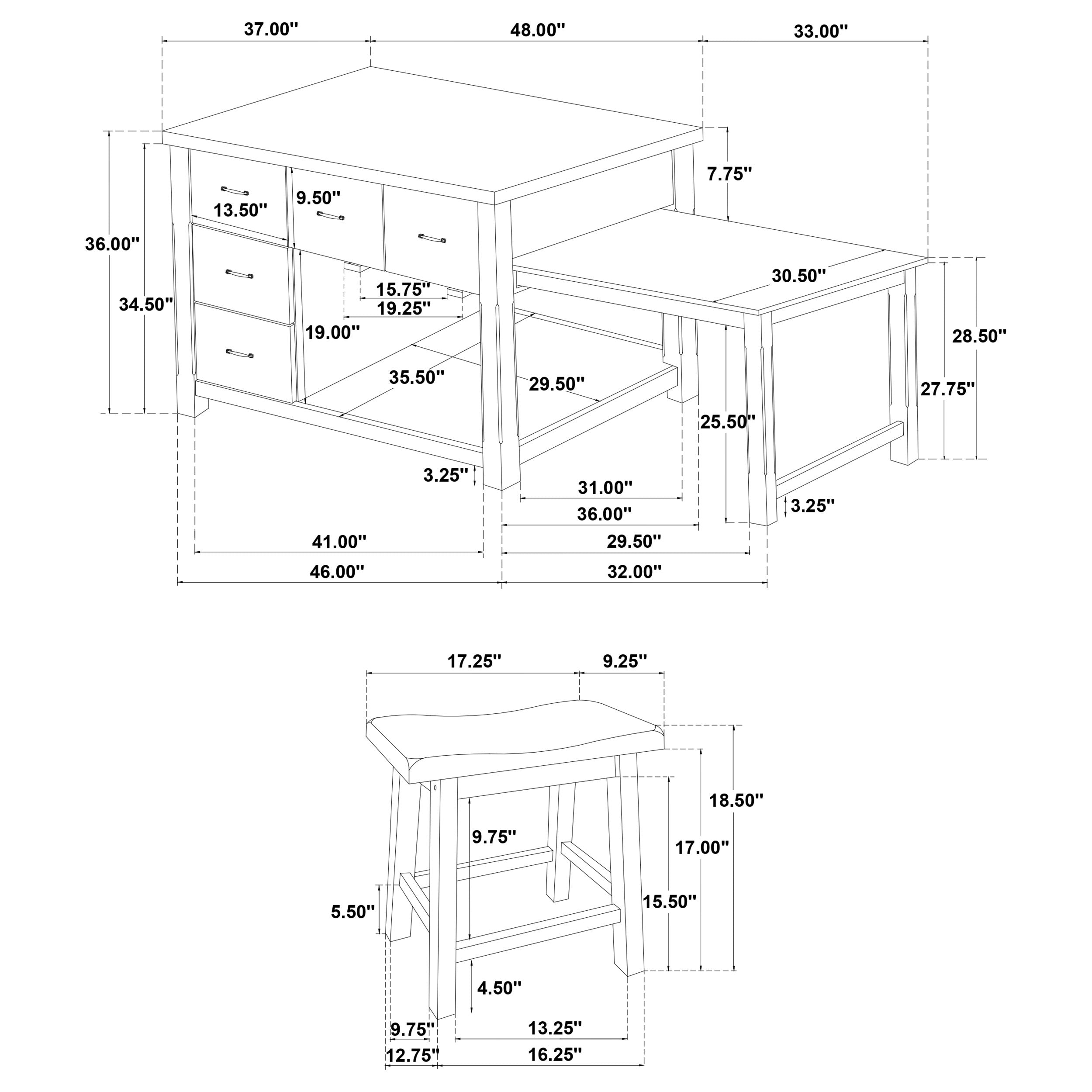 Mayfair 3-piece Kitchen Island with Extension Table Dark Oak — view 14