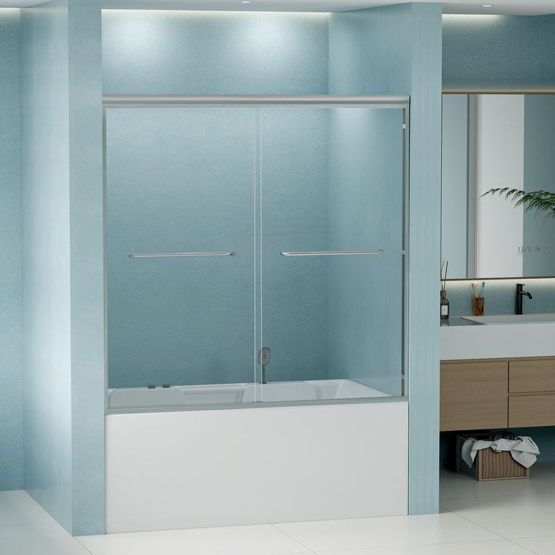 Double Sliding Bathtub Shower Door, Semi Frameless Bypass, 1 / 4" (6Mm) With Explosion - Proof Film, Adjustable Aluminum Alloy Frame
