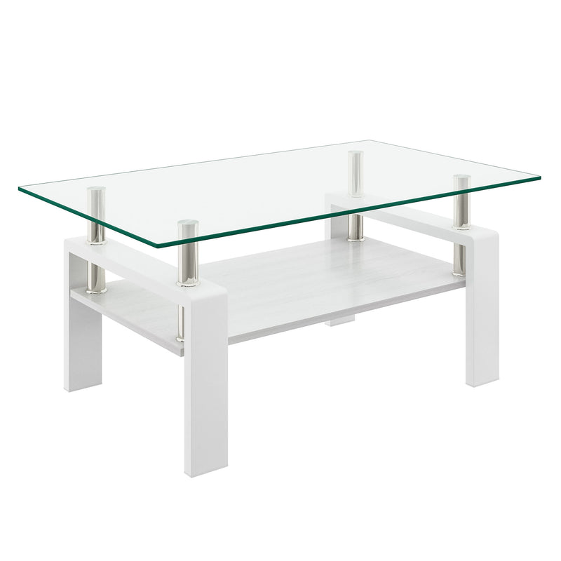 Modern Rectangular Coffee Table With Tempered Transparent Glass Top And Storage Shelf