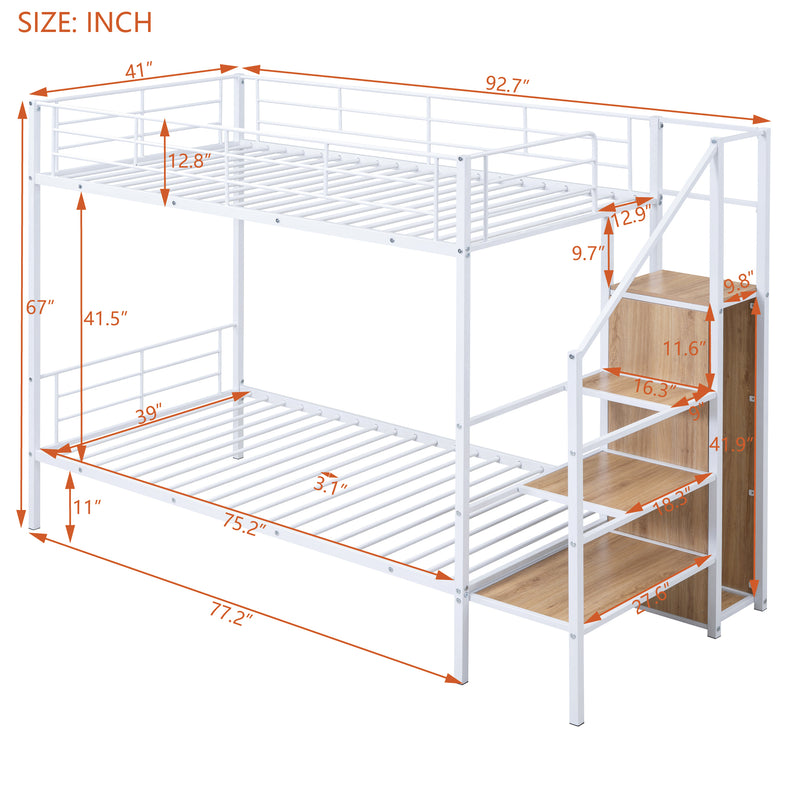 Twin Over Twin Metal Bunk Bed with Lateral Storage Ladder and Wardrobe, White