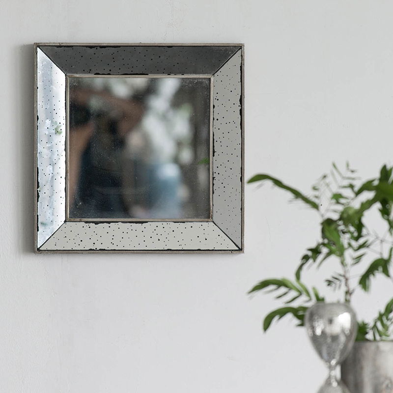 Distressed Silver Square Accent Mirror, Traditional Style Framed Wall Mirror For Living Room - Silver