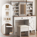 Rustic Farmhouse Makeup Vanity Desk With Sliding Mirror, LED Lights, And Charging Socket - White