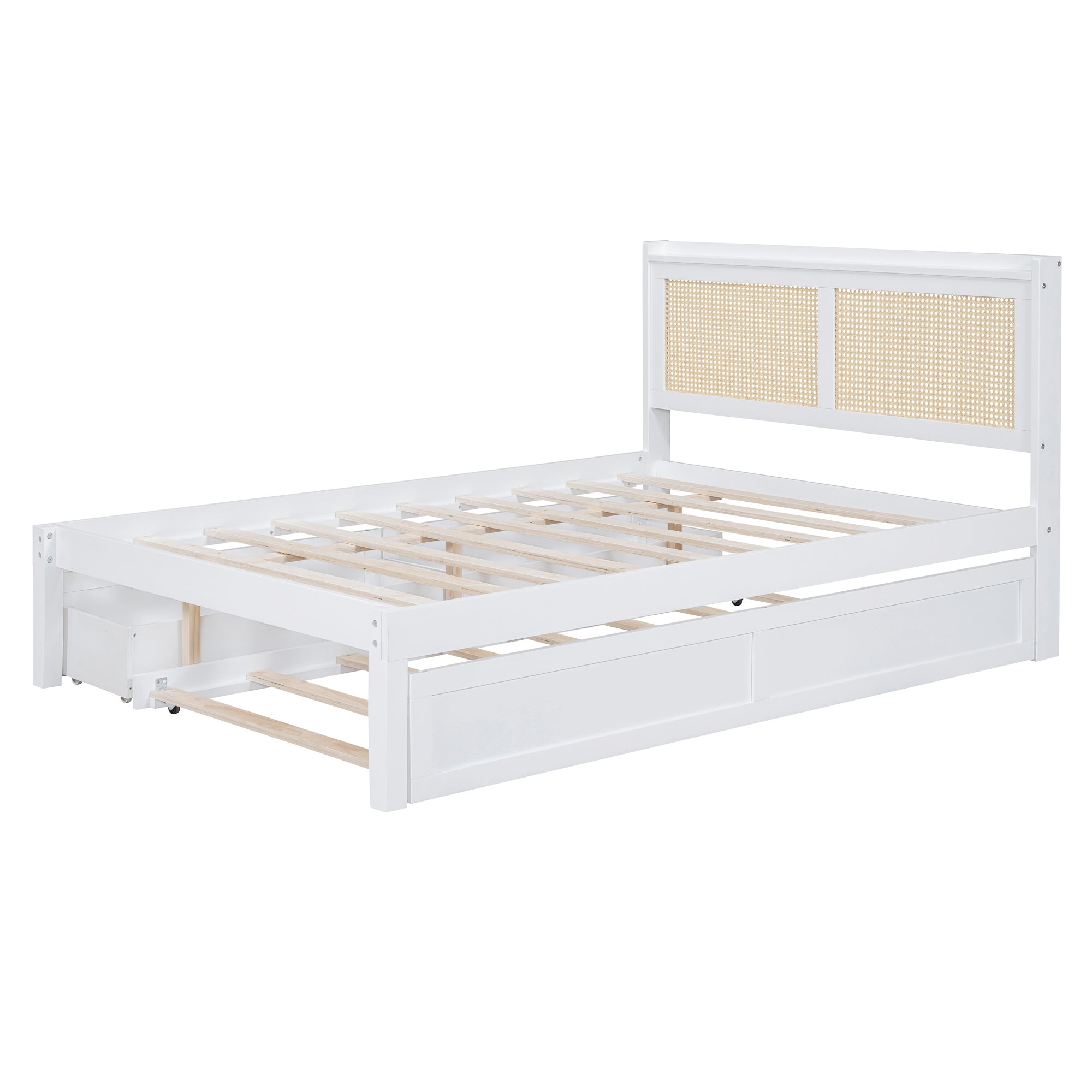 Full Size Elegant Bed Frame with Rattan Headboard and Sockets ,White - Atlantic Fine Furniture Melbourne FL