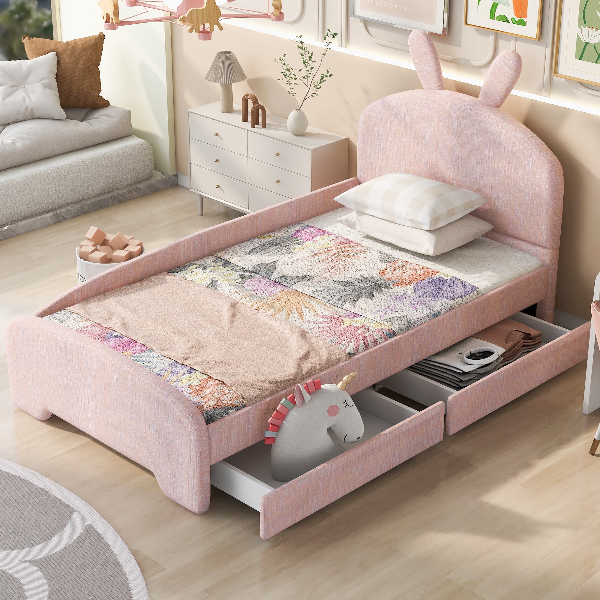 Twin Size Upholstered Platform Bed with Cartoon Ears Shaped Headboard and 2 Drawers, Pink - Atlantic Fine Furniture Melbourne FL