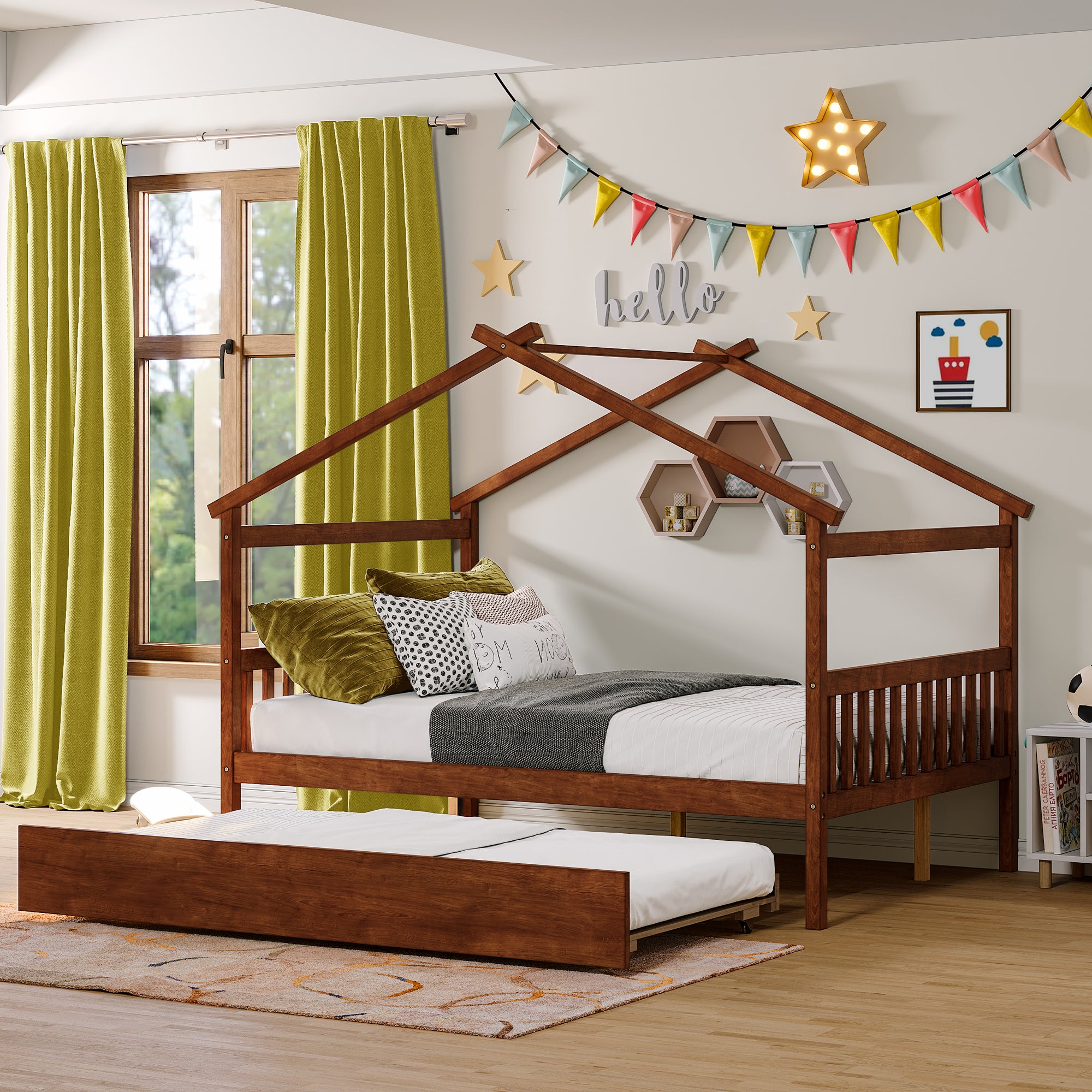 Full Size Wooden House Bed with Twin Size Trundle, Walnut - Atlantic Fine Furniture Melbourne FL