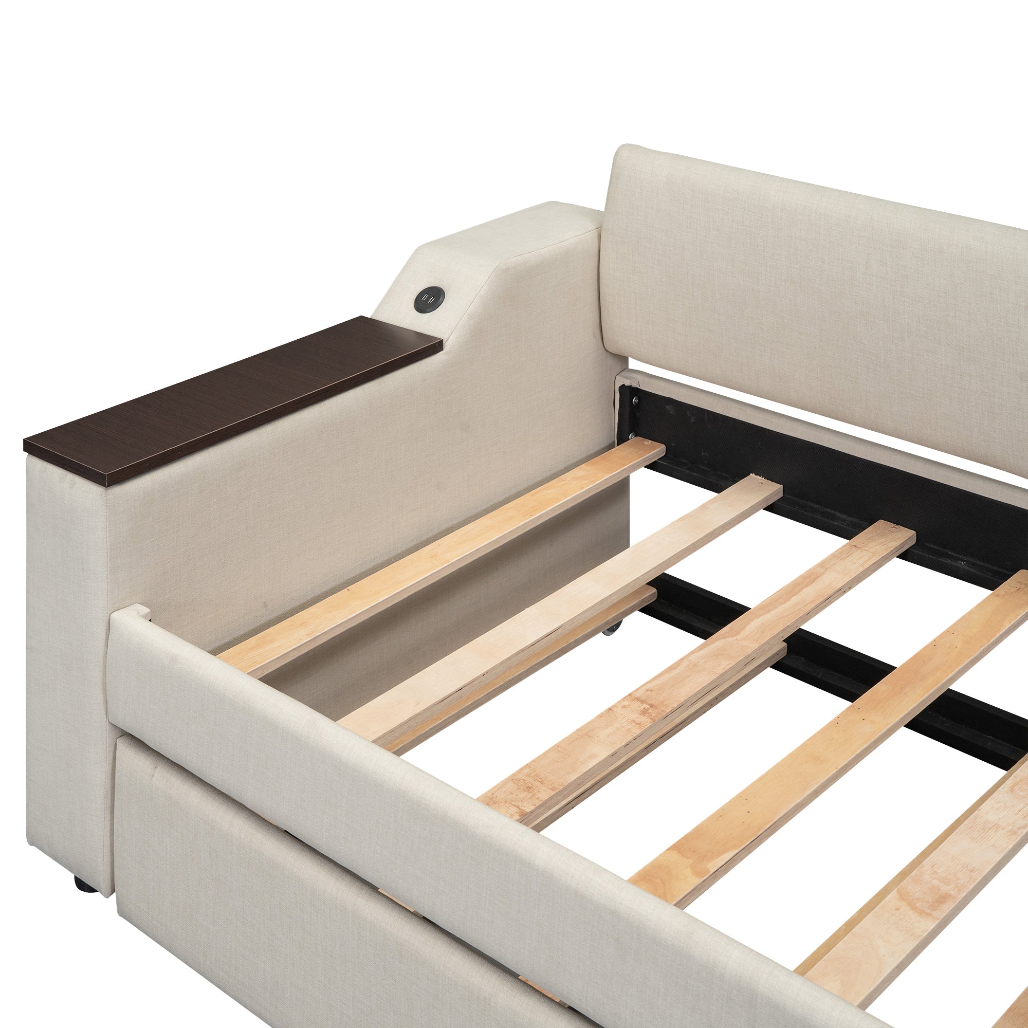 Twin Size Upholstery Daybed with Storage Arms, Trundle and USB Design, Beige - Atlantic Fine Furniture Melbourne FL