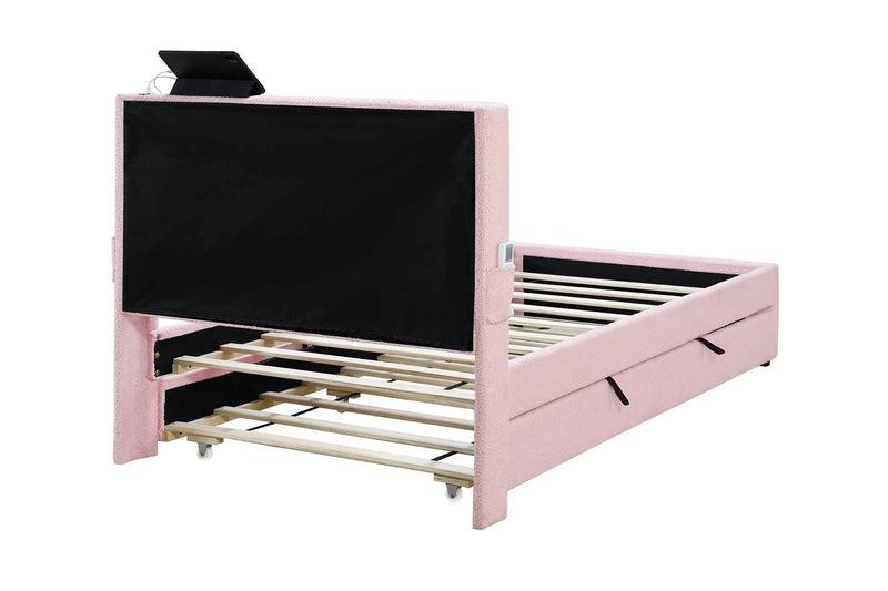 Twin Size Upholstered Bed Frame With Trundle Bed, Teddy Fabric, USB Functionality, And A Pocket Design On The Side Of The Headboard For Storing Small Items - Baby Pink