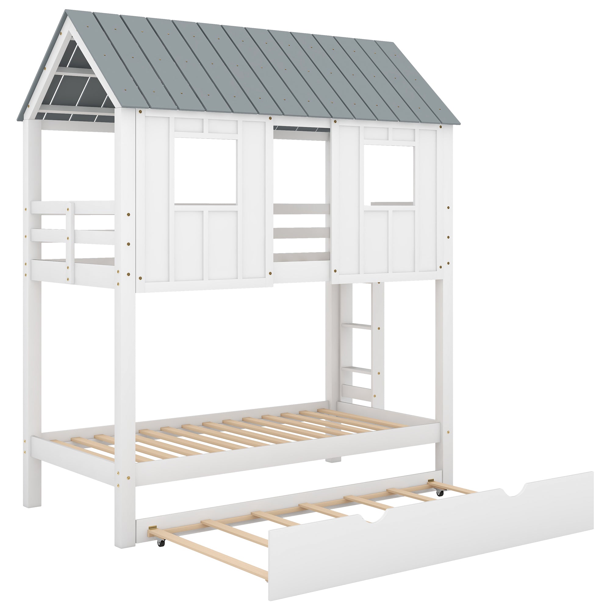 House Bunk Bed with Trundle,Roof and Windows,White(OLD SKU:GX000705AAK)