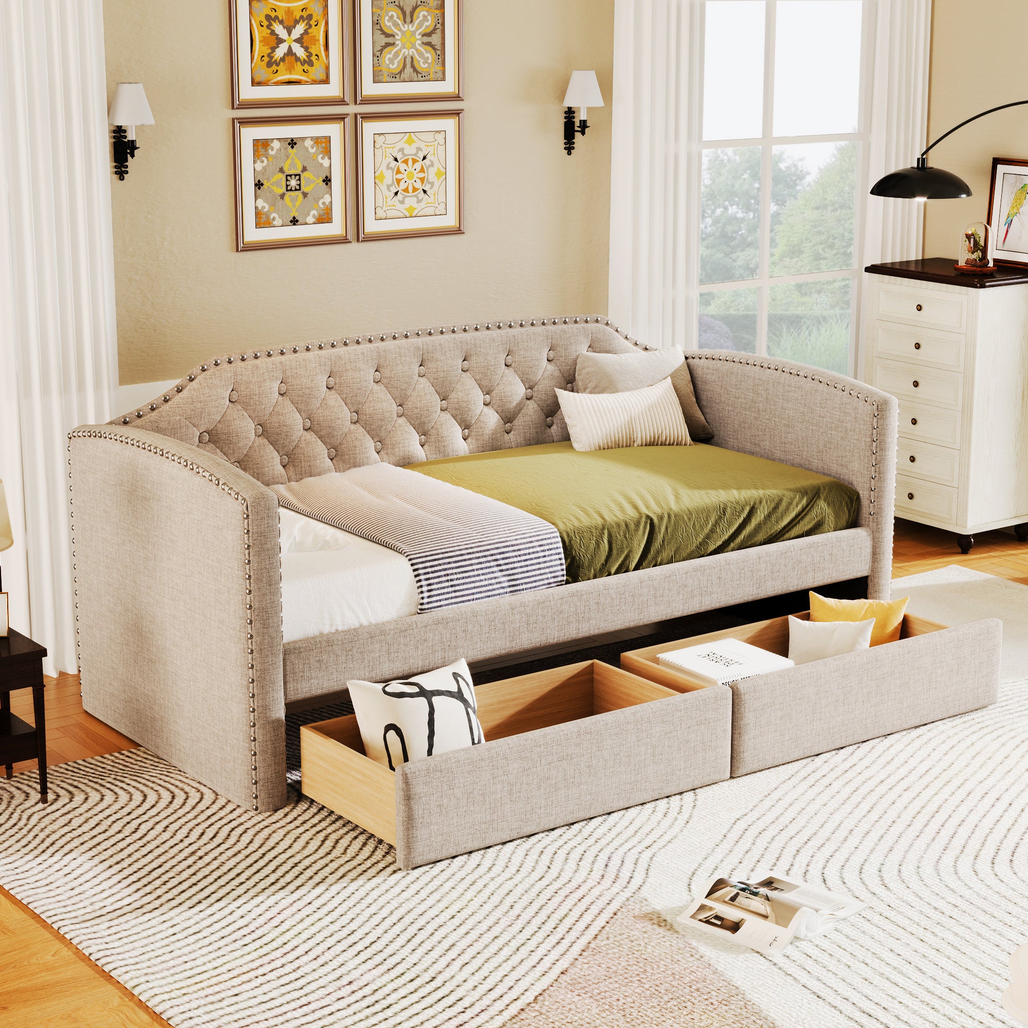 Twin Size Upholstered Daybed with Drawers for Guest Room, Small Bedroom, Study Room, Beige - Atlantic Fine Furniture Melbourne FL