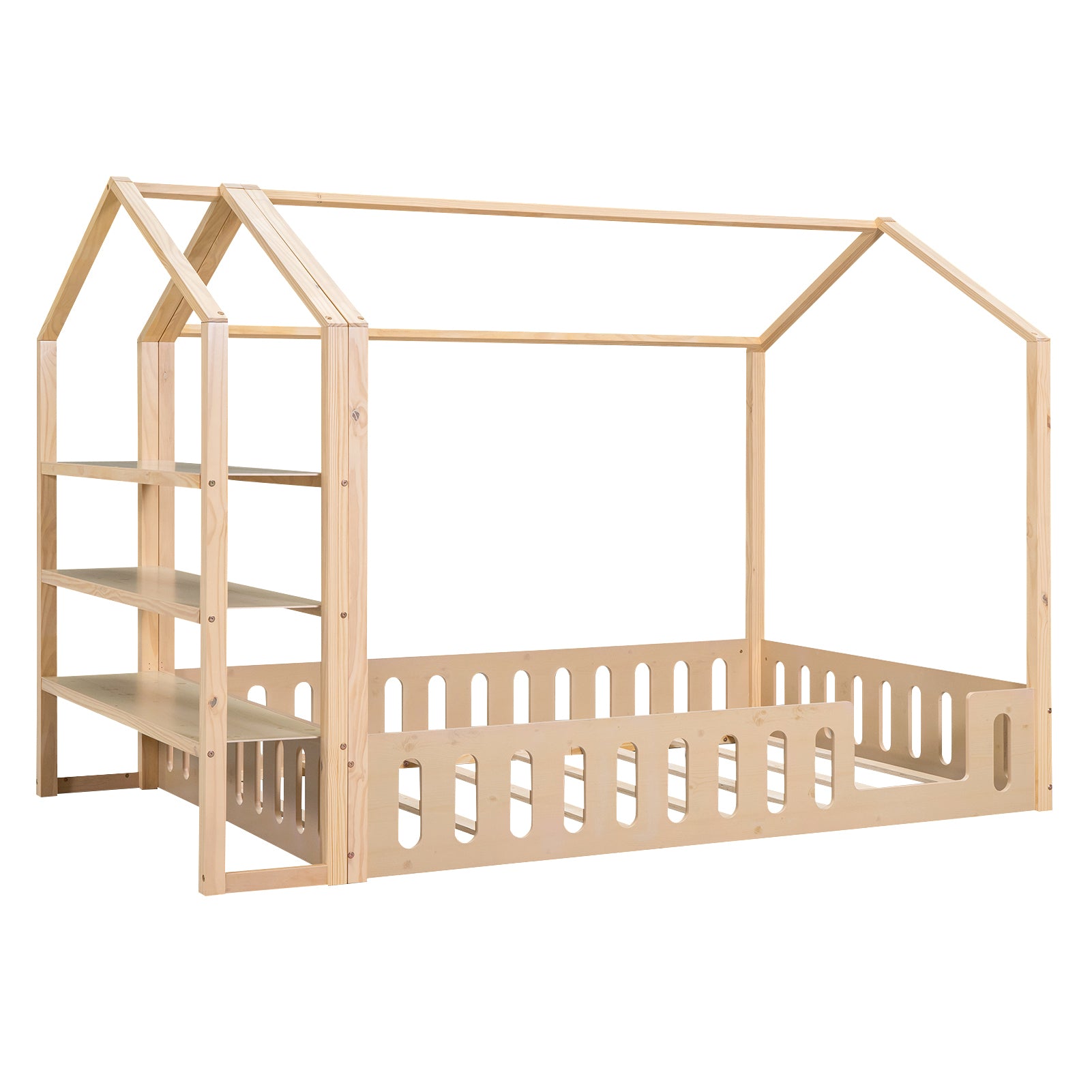 Full Size Wood House Bed with Fence and Detachable Storage Shelves, Natural