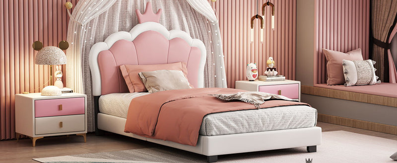 Twin Size Upholstered Princess Bed & Crown Headboard, Platform Bed With Headboard And Footboard - White / Pink
