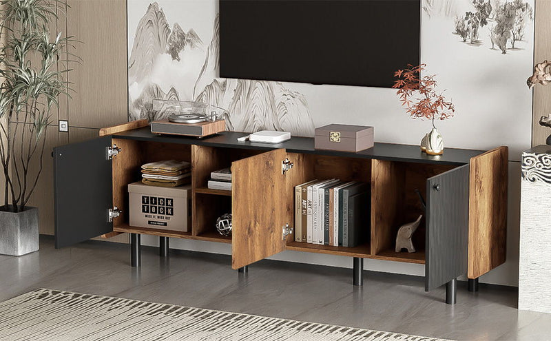 Mid Century TV Stand With 3 Cabinets, Media Console Table For Tvs Up To 70'', Entertainment Center With Storage For Living Room - Black / Brown