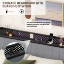 Queen Bed Frame with LED Headboard, Upholstered Bed with 4 Storage Drawers and USB Ports, Light Grey