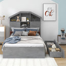 Twin Size Wood Platform Bed with House-shaped Storage Headboard and 2 Drawers, Gray