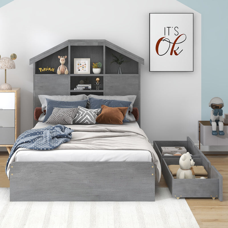 Twin Size Wood Platform Bed with House-shaped Storage Headboard and 2 Drawers, Gray