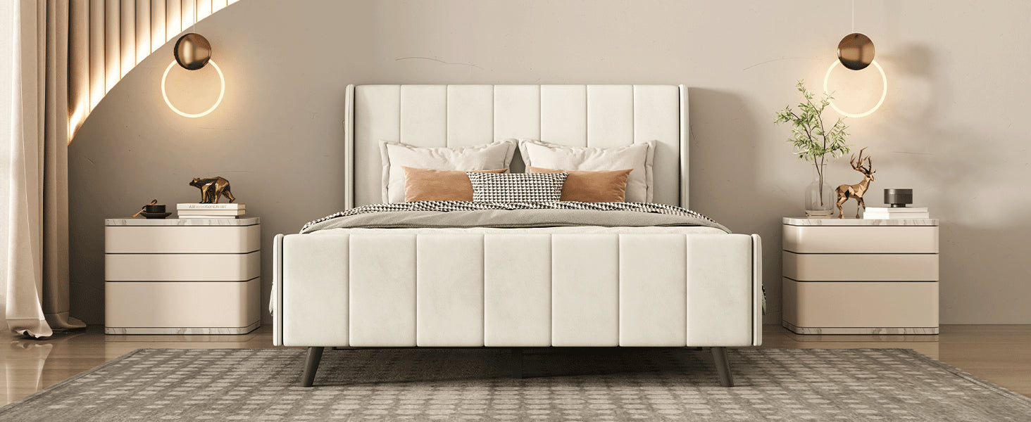 Full Size Upholstered Platform Bed, Velvet, Beige - Atlantic Fine Furniture Melbourne FL
