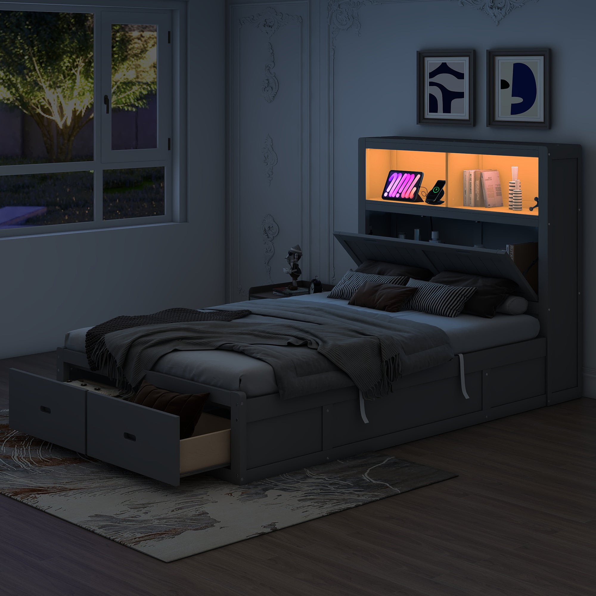 Wood Full Size Hydraulic Platform Bed with Storage LED Headboard, Charging Station and 2 Drawers, Gray - Atlantic Fine Furniture Melbourne FL