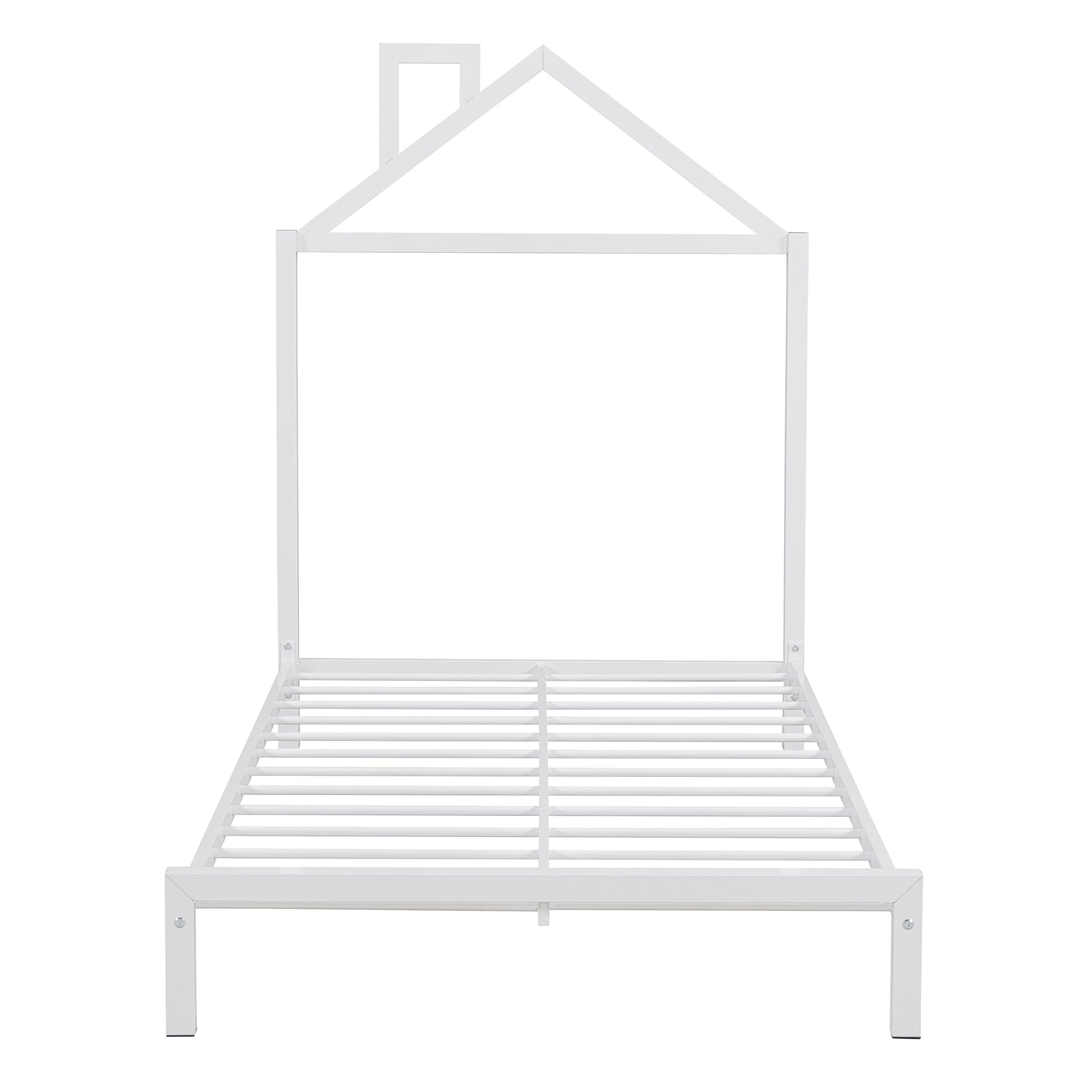 Twin Size Metal Platform Bed with House-Shaped Headboard Design, White - Atlantic Fine Furniture Melbourne FL