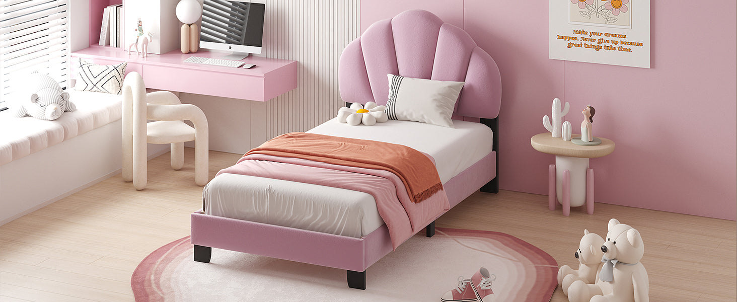 Twin Size Upholstered Velvet Platform Bed with Shell-Shaped Headboard, Pink - Atlantic Fine Furniture Melbourne FL
